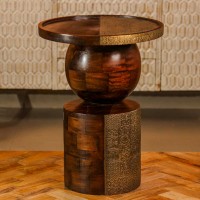 Designer wooden side table spherical base embossed brass Indian home furniture
