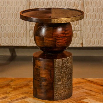 Designer wooden side table spherical base embossed brass Indian home furniture