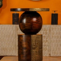 Designer wooden side table spherical base embossed brass Indian home furniture