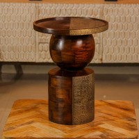Designer wooden side table spherical base embossed brass Indian home furniture