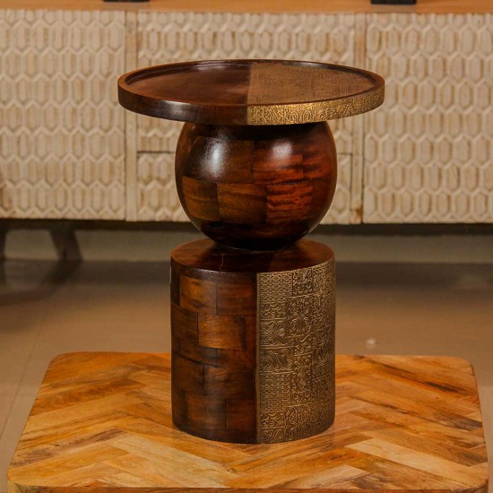 Designer wooden side table spherical base embossed brass Indian home furniture
