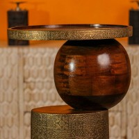 Designer wooden side table spherical base embossed brass Indian home furniture