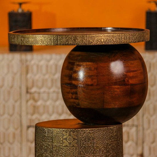 Designer wooden side table spherical base embossed brass Indian home furniture