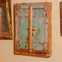 Antique reclaimed wooden window frame wall mirror distressed blue Indian decor