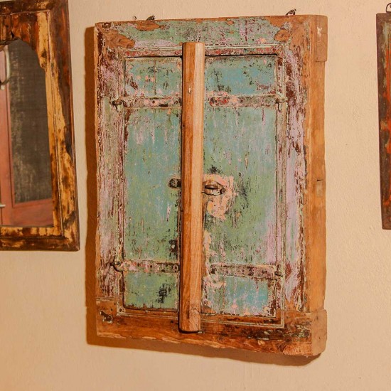Antique reclaimed wooden window frame wall mirror distressed blue Indian decor