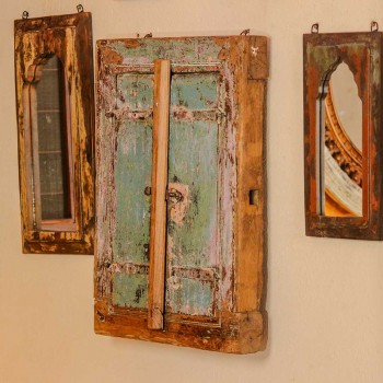 Antique reclaimed wooden window frame wall mirror distressed blue Indian decor