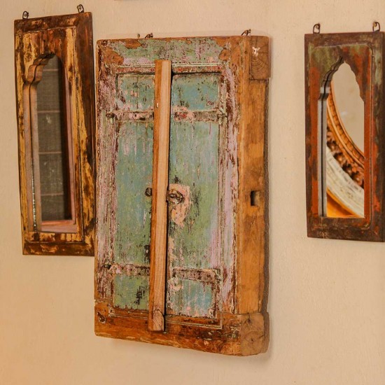 Antique reclaimed wooden window frame wall mirror distressed blue Indian decor