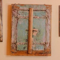 Antique reclaimed wooden window frame wall mirror distressed blue Indian decor