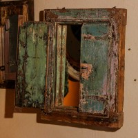 Antique reclaimed wooden window frame wall mirror distressed blue Indian decor