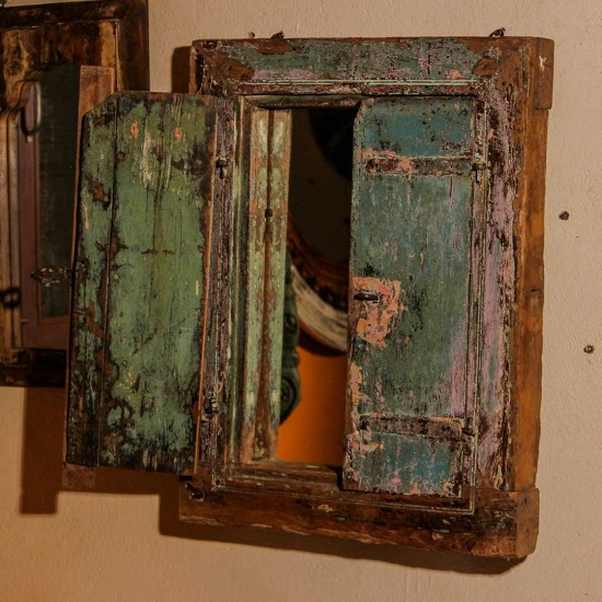 Antique reclaimed wooden window frame wall mirror distressed blue Indian decor