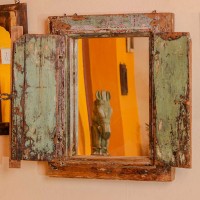 Antique reclaimed wooden window frame wall mirror distressed blue Indian decor