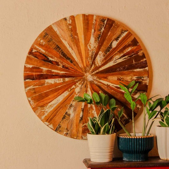Reclaimed wood round wall panel sunburst design rustic Indian home decor