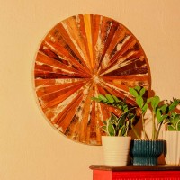 Reclaimed wood round wall panel sunburst design rustic Indian home decor