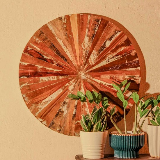 Reclaimed wood round wall panel sunburst design rustic Indian home decor
