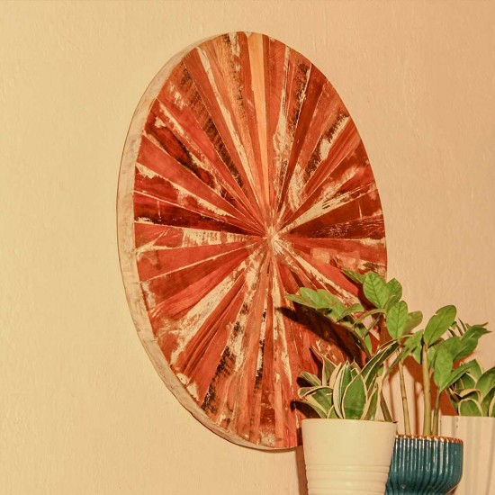 Reclaimed wood round wall panel sunburst design rustic Indian home decor