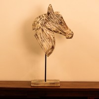 Hand-carved wooden horse head in a distressed whitewash finish, with a flowing textured mane, mounted on a slender black iron stand as a standalone decorative accent.