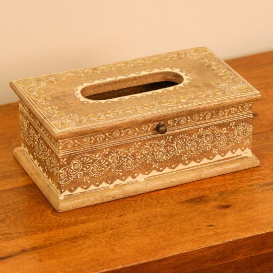 Top view of a wooden tissue box with an oval dispensing cut-out, edged with a white hand-painted floral border and small gold dot accents.