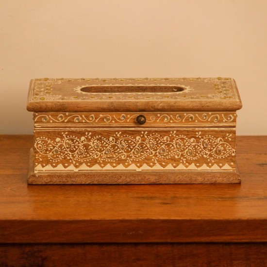 Top view of a wooden tissue box with an oval dispensing cut-out, edged with a white hand-painted floral border and small gold dot accents.