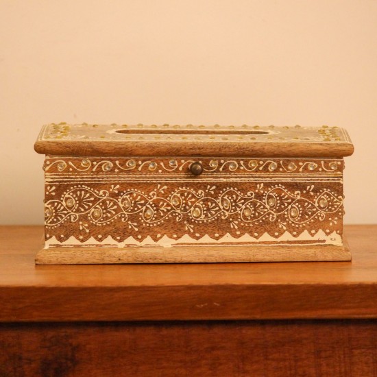 Top view of a wooden tissue box with an oval dispensing cut-out, edged with a white hand-painted floral border and small gold dot accents.