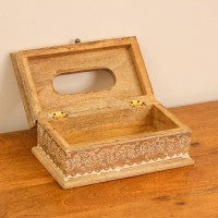 Top view of a wooden tissue box with an oval dispensing cut-out, edged with a white hand-painted floral border and small gold dot accents.