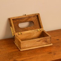 Brass Embossed Sunburst Tissue Box – Top View Top view of a wooden tissue box with a brass-embossed lid in a repeating sunburst and mandala pattern, with an oval dispensing cut-out at the centre.