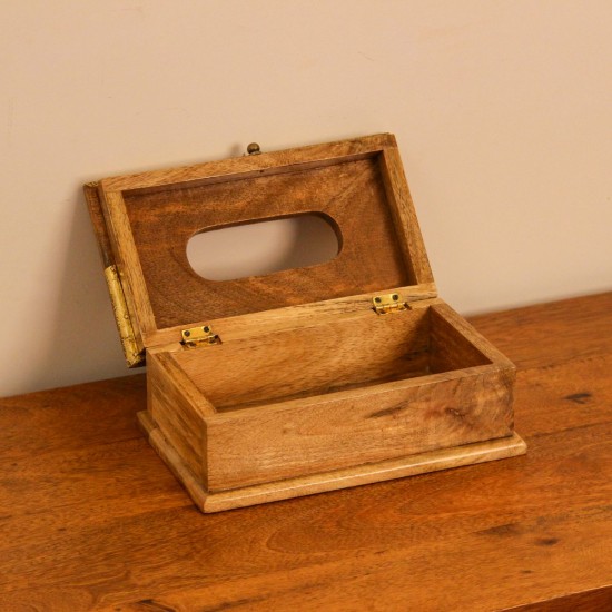 Brass Embossed Sunburst Tissue Box – Top View Top view of a wooden tissue box with a brass-embossed lid in a repeating sunburst and mandala pattern, with an oval dispensing cut-out at the centre.