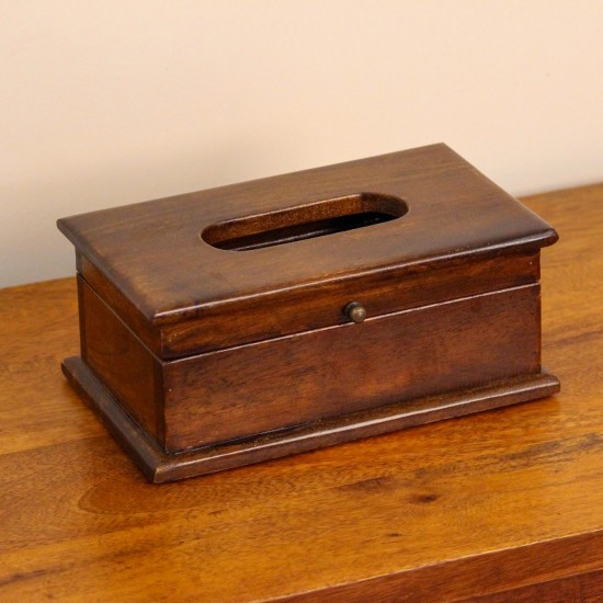 Natural Dark Polish Wooden Tissue Box – Angled View Angled view of a wooden tissue box in a dark natural polish, with an oval dispensing cut-out on the lid and a small brass knob on the front.