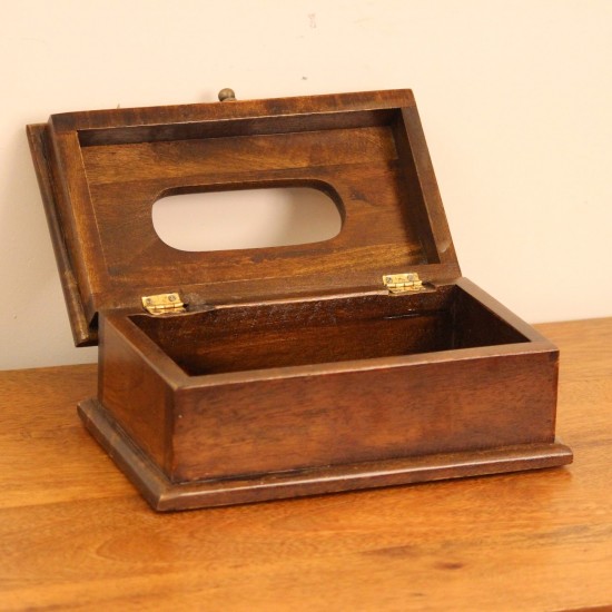 Natural Dark Polish Wooden Tissue Box – Angled View Angled view of a wooden tissue box in a dark natural polish, with an oval dispensing cut-out on the lid and a small brass knob on the front.