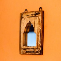 Reclaimed Wood Square Mirror Frame Square wooden mirror frame crafted from reclaimed wood with a natural weathered texture, featuring an arched mirror inset bordered by a raised wooden edge.