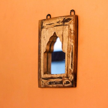 Reclaimed Wood Square Mirror Frame Square wooden mirror frame crafted from reclaimed wood with a natural weathered texture, featuring an arched mirror inset bordered by a raised wooden edge.