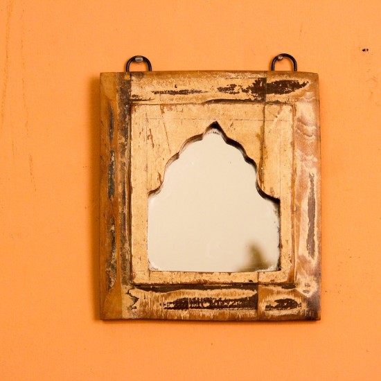 Reclaimed Wood Square Mirror Frame Square wooden mirror frame crafted from reclaimed wood with a natural weathered texture, featuring an arched mirror inset bordered by a raised wooden edge.