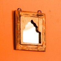 Reclaimed Wood Square Mirror Frame Square wooden mirror frame crafted from reclaimed wood with a natural weathered texture, featuring an arched mirror inset bordered by a raised wooden edge.