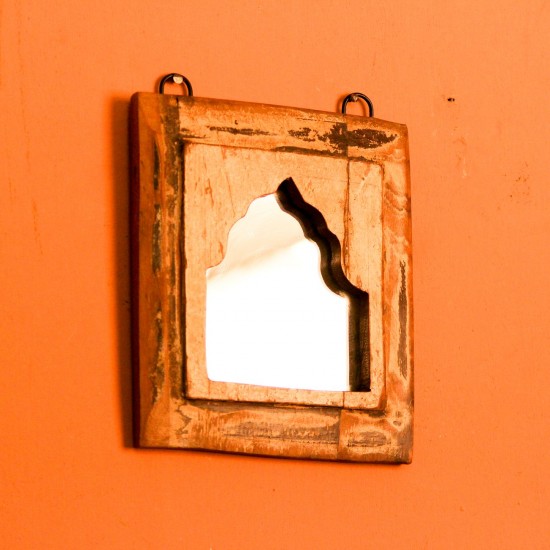 Reclaimed Wood Square Mirror Frame Square wooden mirror frame crafted from reclaimed wood with a natural weathered texture, featuring an arched mirror inset bordered by a raised wooden edge.