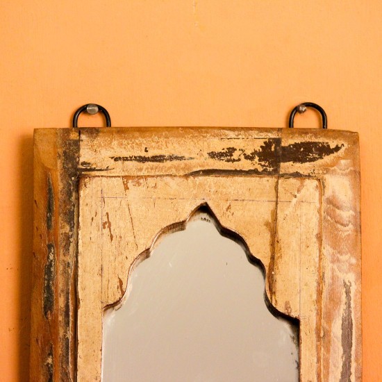 Reclaimed Wood Square Mirror Frame Square wooden mirror frame crafted from reclaimed wood with a natural weathered texture, featuring an arched mirror inset bordered by a raised wooden edge.