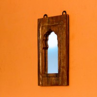 Reclaimed Wood Arch Mirror Frame Arched wooden mirror frame crafted from reclaimed wood with a natural weathered texture, featuring a carved base detail beneath the mirror inset.