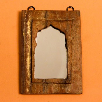 Reclaimed Wood Arch Mirror Frame Arched wooden mirror frame crafted from reclaimed wood with a natural weathered texture, featuring a carved base detail beneath the mirror inset.