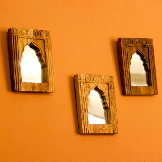 Mini Reclaimed Wood Arch Mirror – Assorted Small arched wooden mirror frame crafted from reclaimed wood in a natural weathered finish, sold as an assorted piece where exact grain and design vary per order.