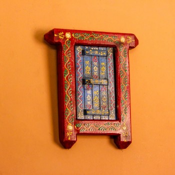Small wooden window-shaped wall decor piece hand painted in deep red frame with a blue inner panel, featuring fine traditional motifs across the surface.