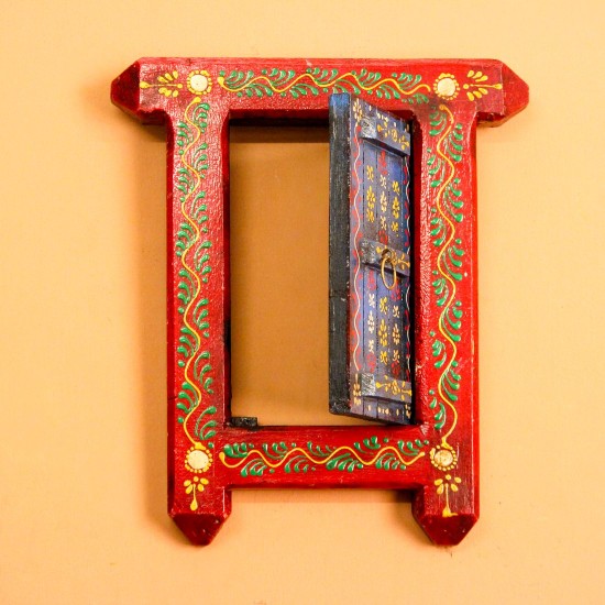 Hand Painted Blue & Red Wooden Jharokha Wall Decor Small wooden window-shaped wall decor piece hand painted in deep red frame with a blue inner panel, featuring fine traditional motifs across the surface.