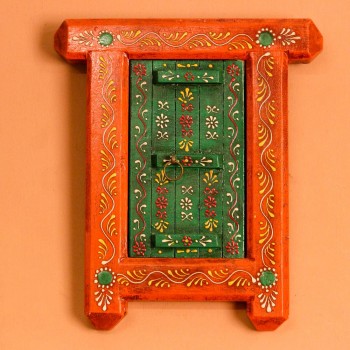 Small wooden window-shaped wall decor piece hand painted in warm orange frame with a green inner panel, featuring fine traditional motifs across the surface.