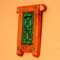 Hand Painted Orange & Green Wooden Jharokha Wall Decor Small wooden window-shaped wall decor piece hand painted in warm orange frame with a green inner panel, featuring fine traditional motifs across the surface.