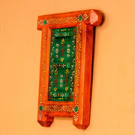 Hand Painted Orange & Green Wooden Jharokha Wall Decor Small wooden window-shaped wall decor piece hand painted in warm orange frame with a green inner panel, featuring fine traditional motifs across the surface.