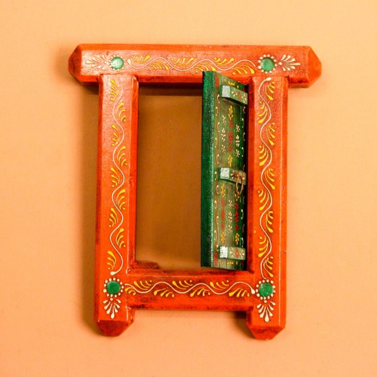Hand Painted Orange & Green Wooden Jharokha Wall Decor Small wooden window-shaped wall decor piece hand painted in warm orange frame with a green inner panel, featuring fine traditional motifs across the surface.