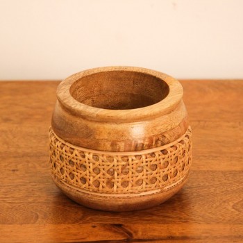 Cane Bowl – Small, Front View Front view of a small round wooden bowl with a flared rim and a woven cane band around its middle, set on a rounded wooden base.