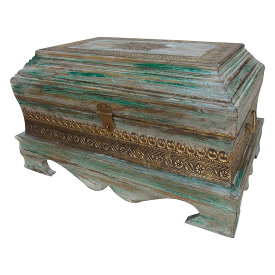 Wooden Rustic Green Regal Treasure Box With Embossed Brass ArtWork