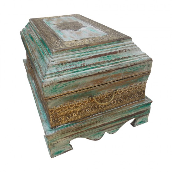 Wooden Rustic Green Regal Treasure Box With Embossed Brass ArtWork