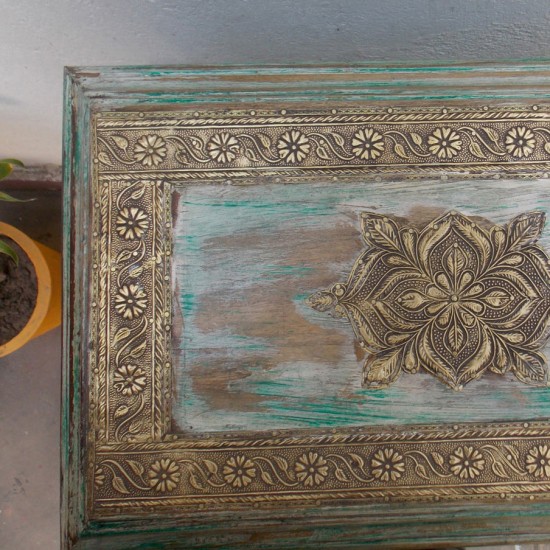 Wooden Rustic Green Regal Treasure Box With Embossed Brass ArtWork