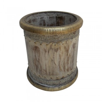 Distress Off white Painted Wooden Planter Adorned with Brass Art 10 Inch