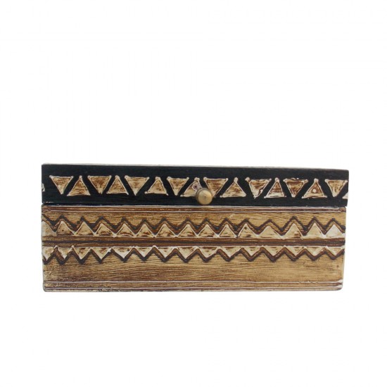 Hand Painted Box - Geometrical Motifs Over Weathered White Wood- 8 x 5 x 4 Inches