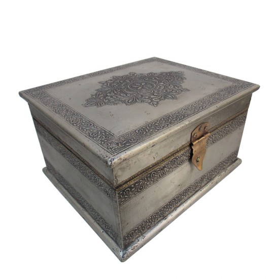 Box- Embossed White Metal Artwork, Antique Finish, 11 x 9 x 6 Inches Box- Embossed White Metal Artwork, Antique Finish, 11 x 9 x 6 Inches